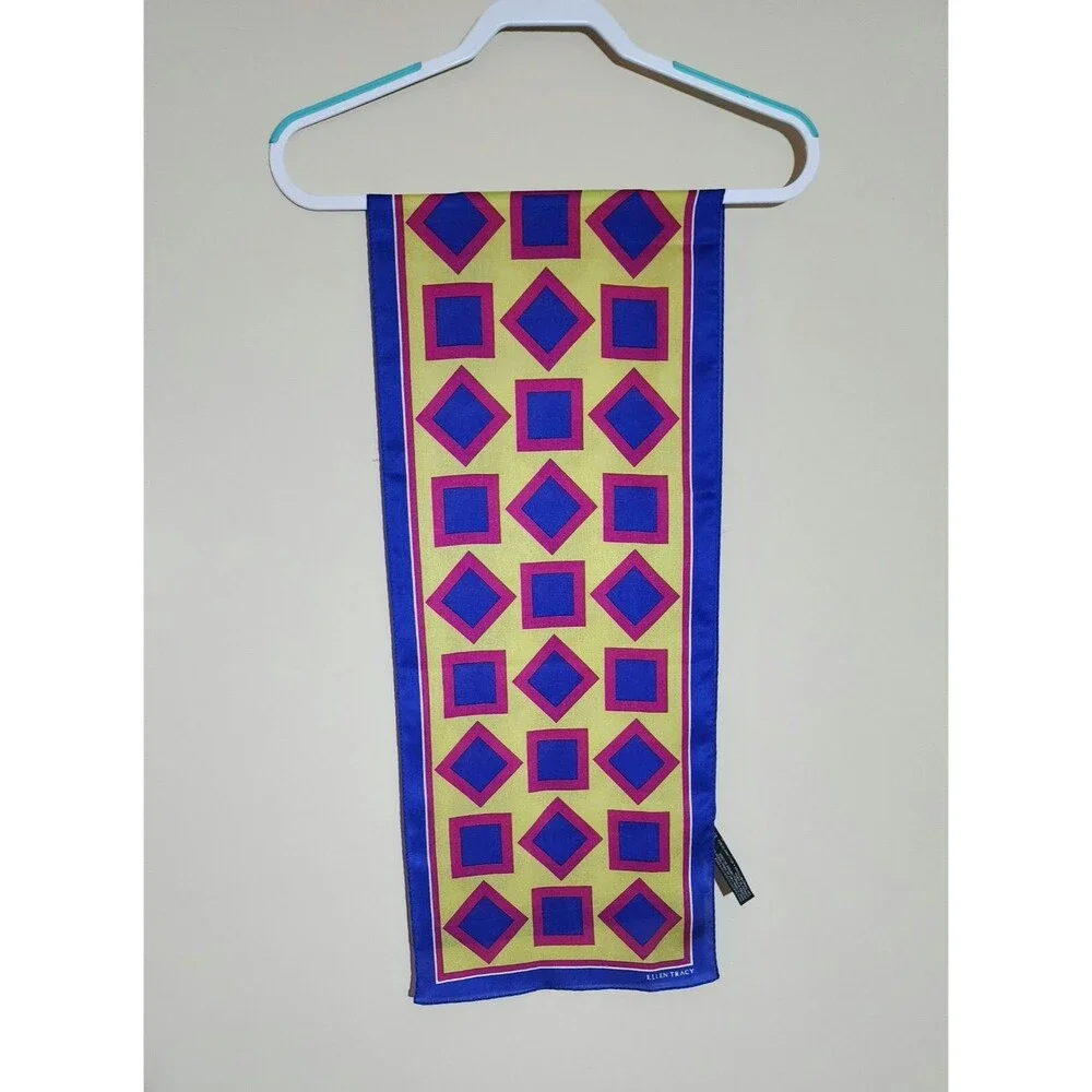 90s Ellen Tracy 100% Silk Scarf Rectangle Geometric Blue Red Yellow Vintage 52
